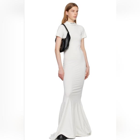 NWT$1,850 BALENCIAGA White Cotton T-Shirt Neckline Maxi Gown Dress Sz XS - Picture 5 of 16